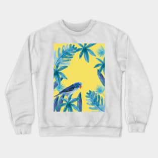 Blue Pacific Parrotlet with tropical leaves and an illuminating background Crewneck Sweatshirt